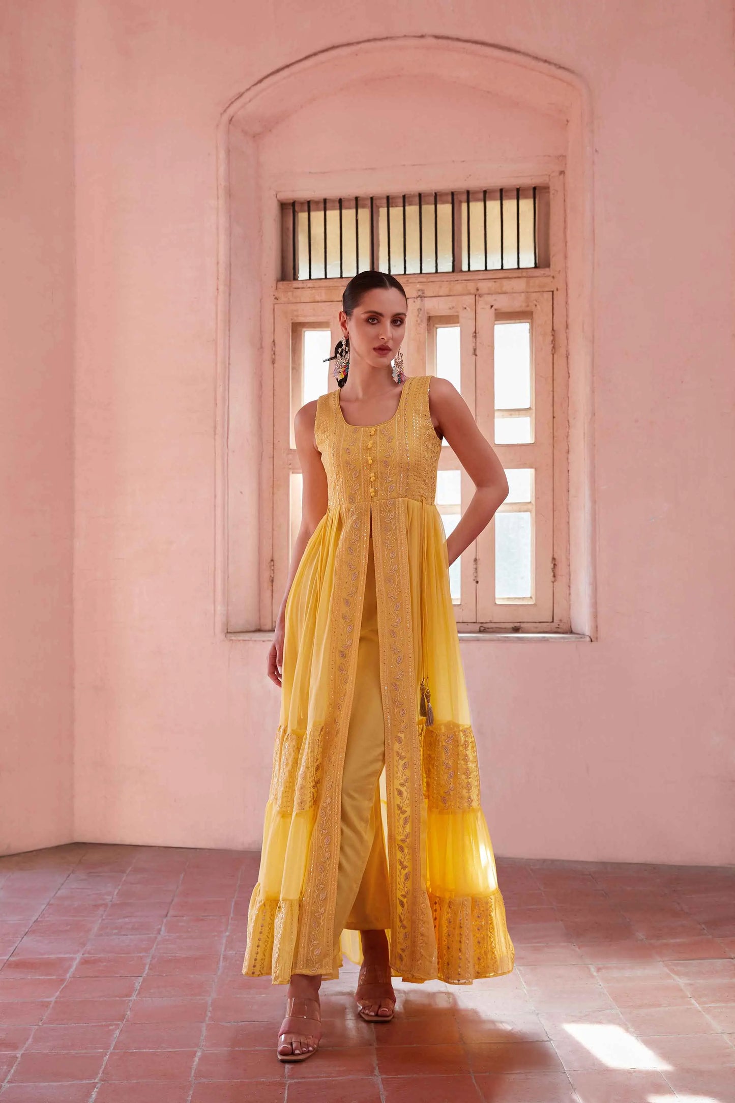 Yellow Embellished With Thread Sequins Embroidery Work Indo Western With Dupatta