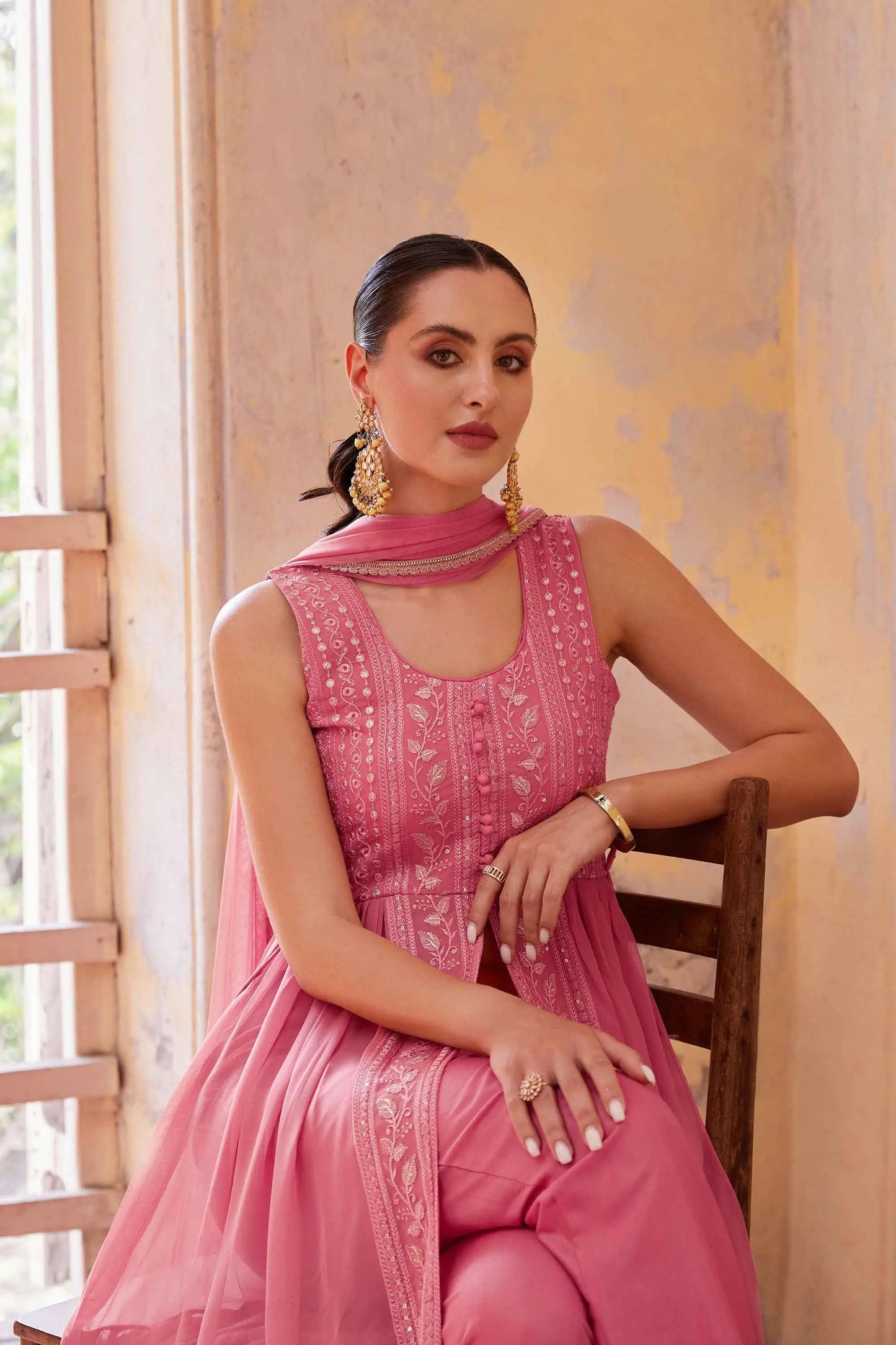 Gajri Pink Embellished With Thread Sequins Embroidery Work Indo Western With Dupatta