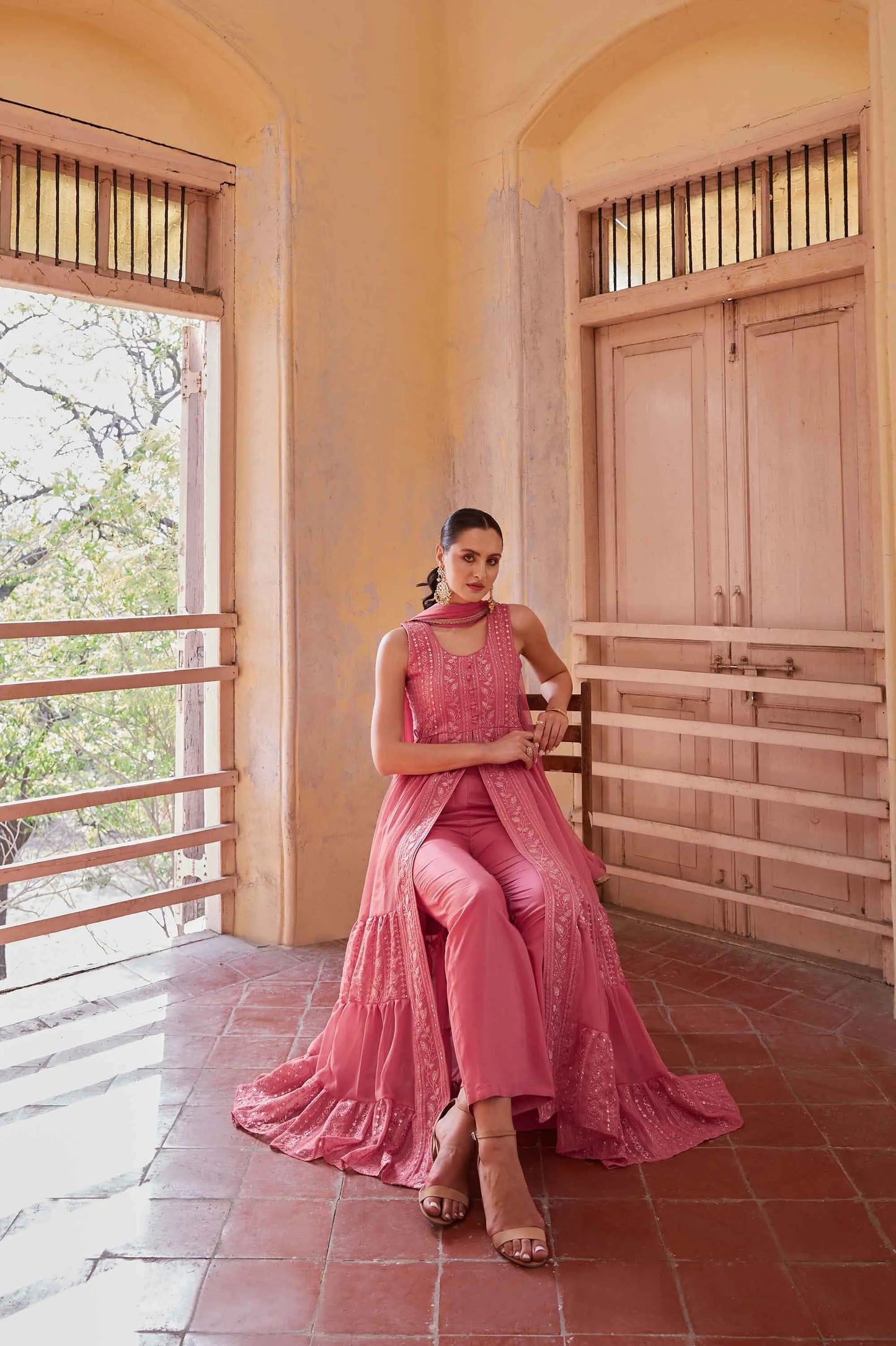 Gajri Pink Embellished With Thread Sequins Embroidery Work Indo Western With Dupatta