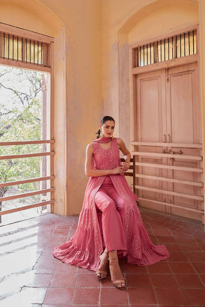 Gajri Pink Embellished With Thread Sequins Embroidery Work Indo Western With Dupatta