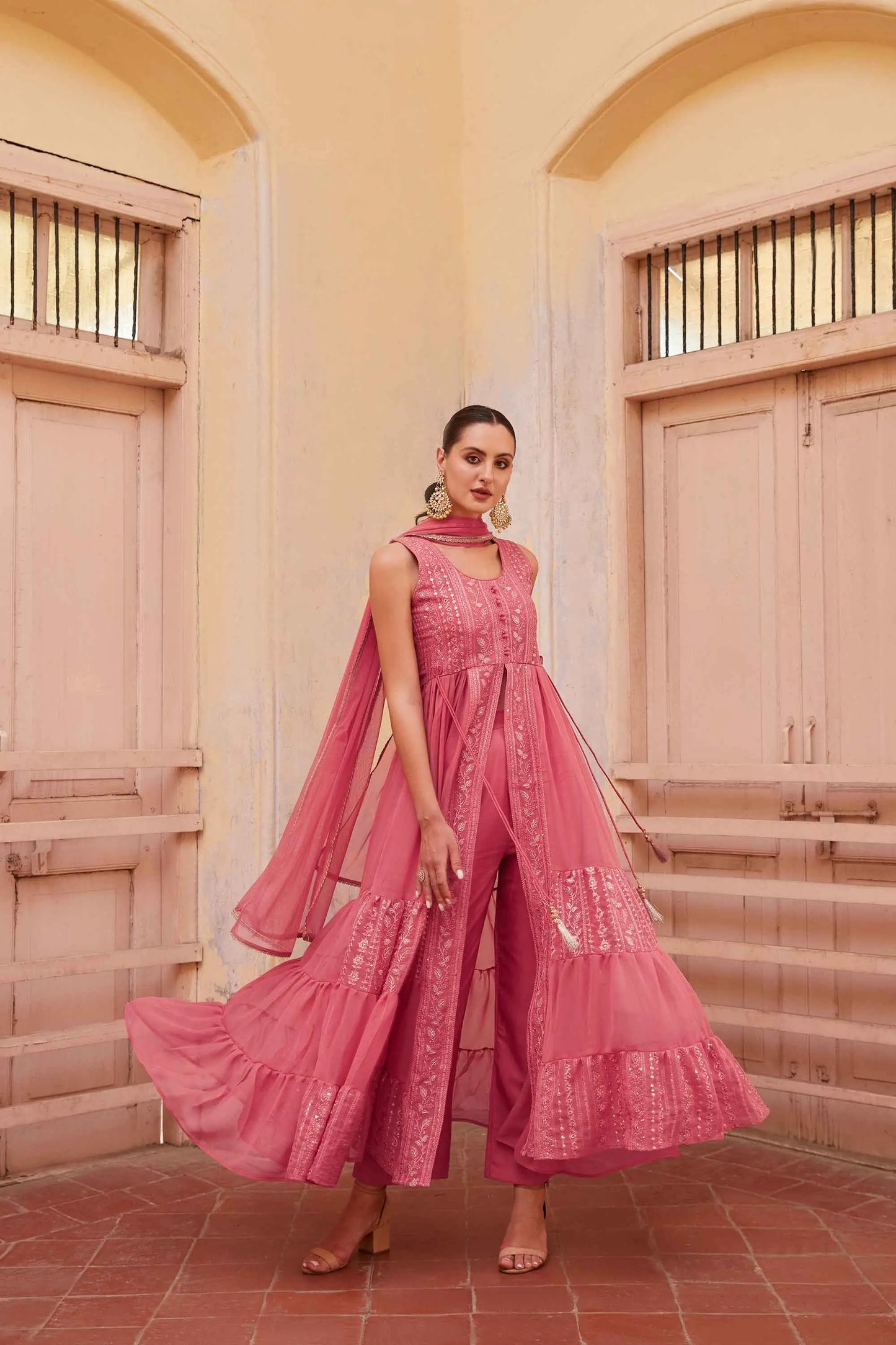 Gajri Pink Embellished With Thread Sequins Embroidery Work Indo Western With Dupatta