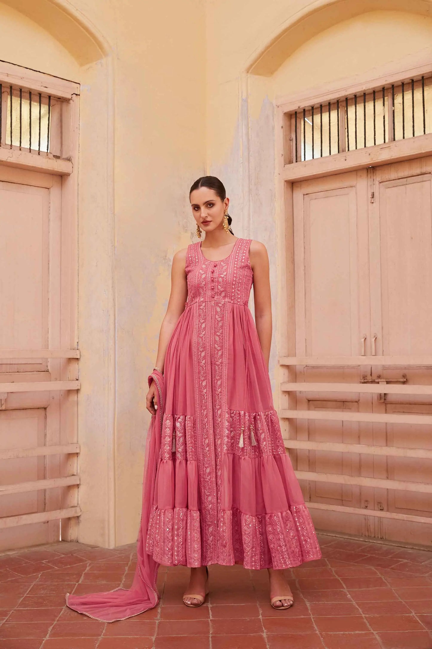 Gajri Pink Embellished With Thread Sequins Embroidery Work Indo Western With Dupatta