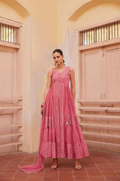 Gajri Pink Embellished With Thread Sequins Embroidery Work Indo Western With Dupatta