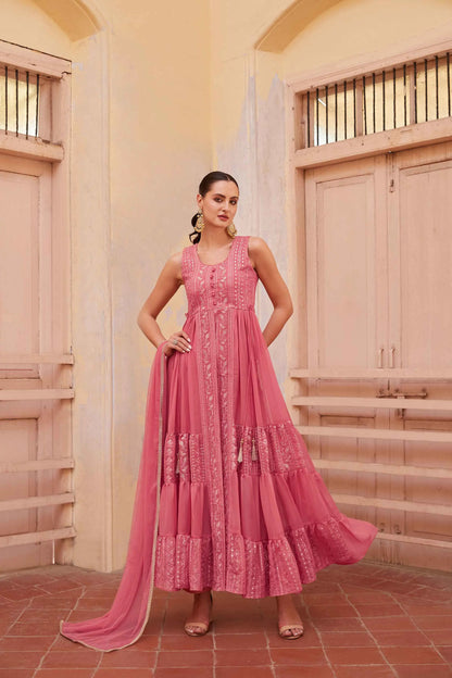 Gajri Pink Embellished With Thread Sequins Embroidery Work Indo Western With Dupatta