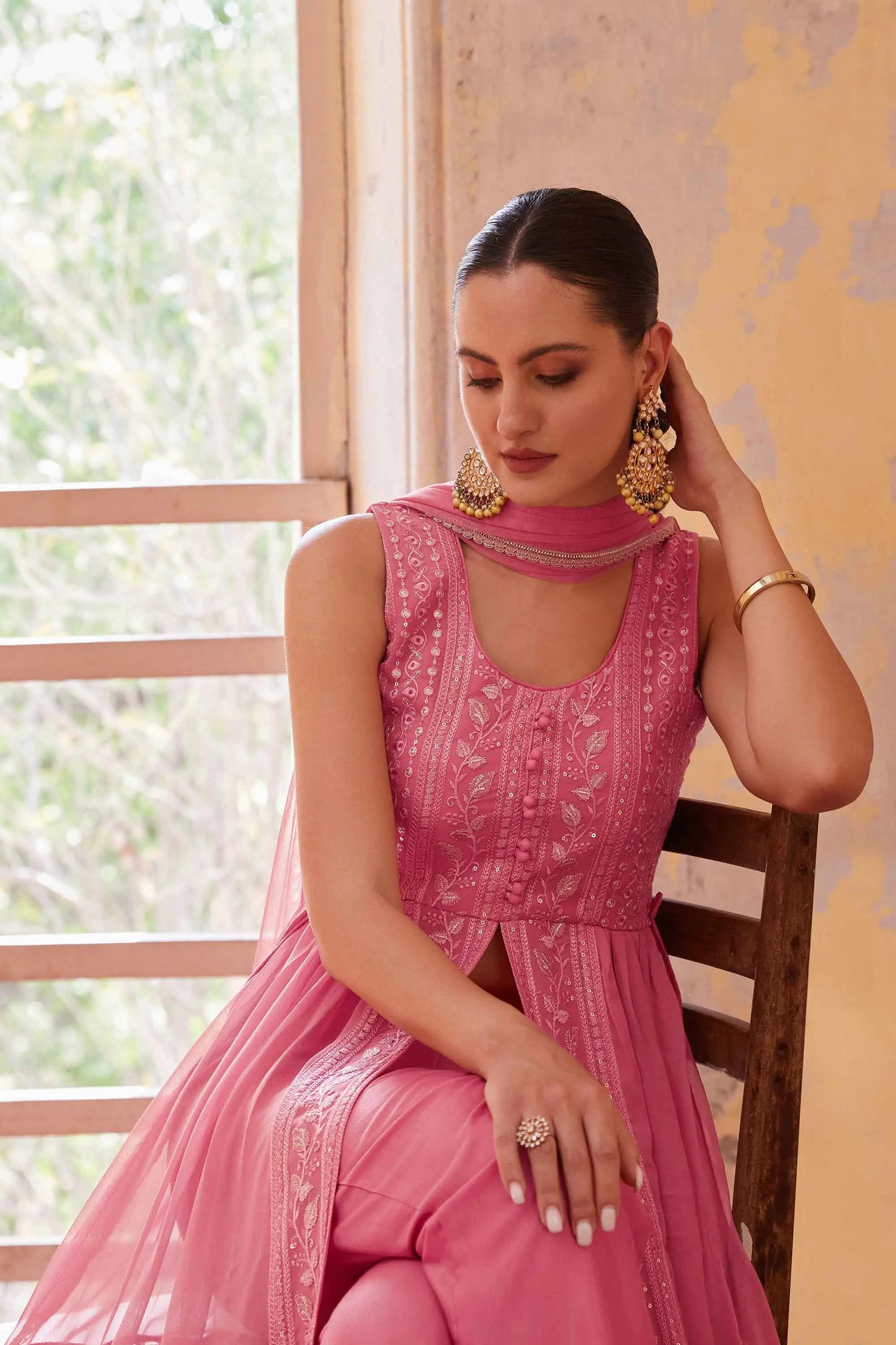 Gajri Pink Embellished With Thread Sequins Embroidery Work Indo Western With Dupatta