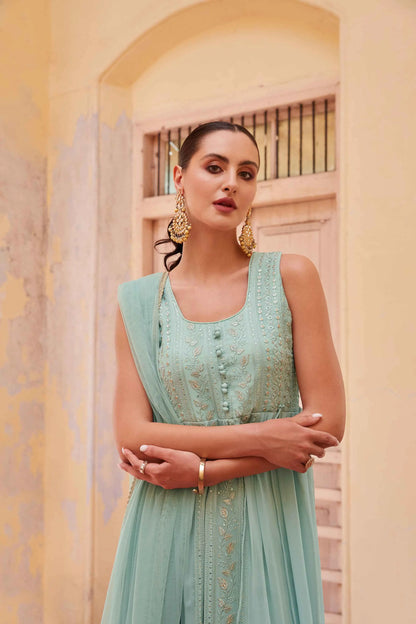 Firozi Embellished With Thread Sequins Embroidery Work Indo Western With Dupatta