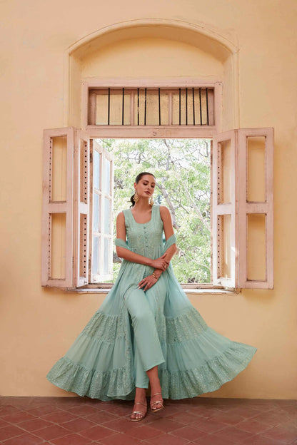 Firozi Embellished With Thread Sequins Embroidery Work Indo Western With Dupatta