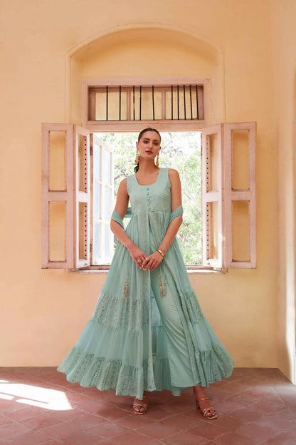 Firozi Embellished With Thread Sequins Embroidery Work Indo Western With Dupatta