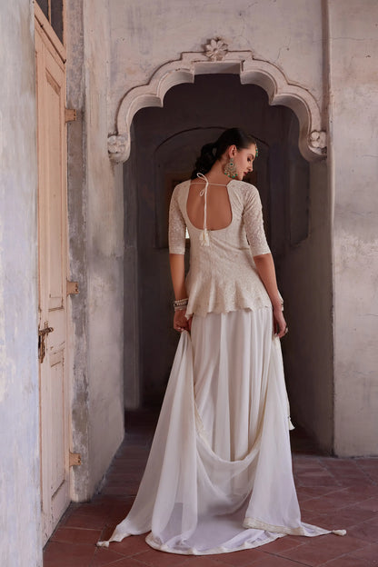 Off White Thread Sequins Embroidery Work Georgette Indo Western With Dupatta