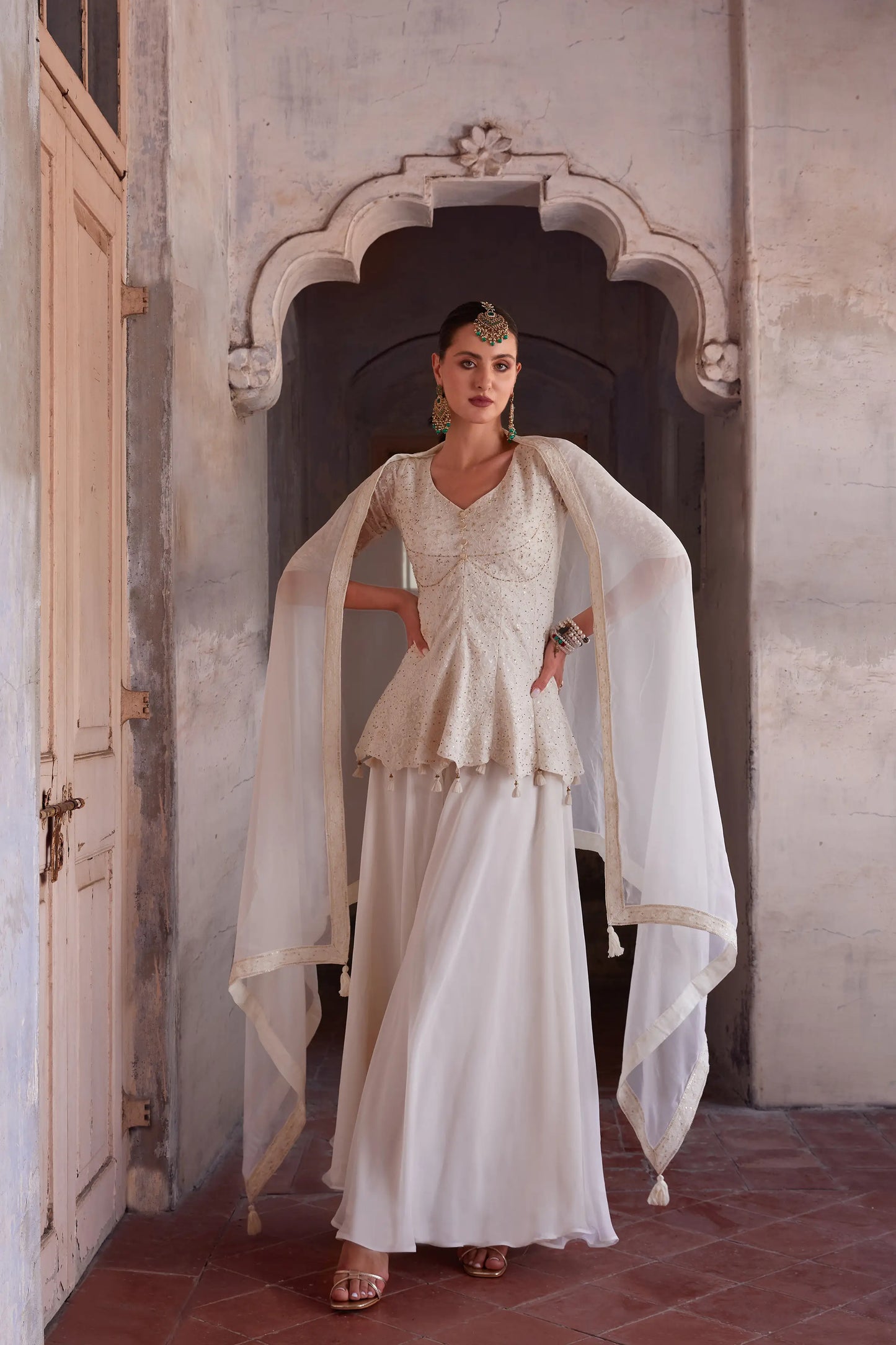 Off White Thread Sequins Embroidery Work Georgette Indo Western With Dupatta