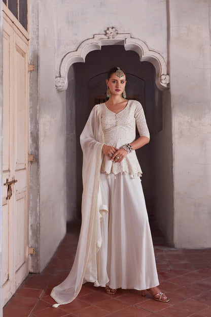 Off White Thread Sequins Embroidery Work Georgette Indo Western With Dupatta