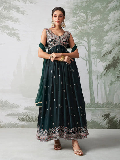 Dark Teal Green Multi Thread Embroidered Georgette Anarkali Gown With Dupatta