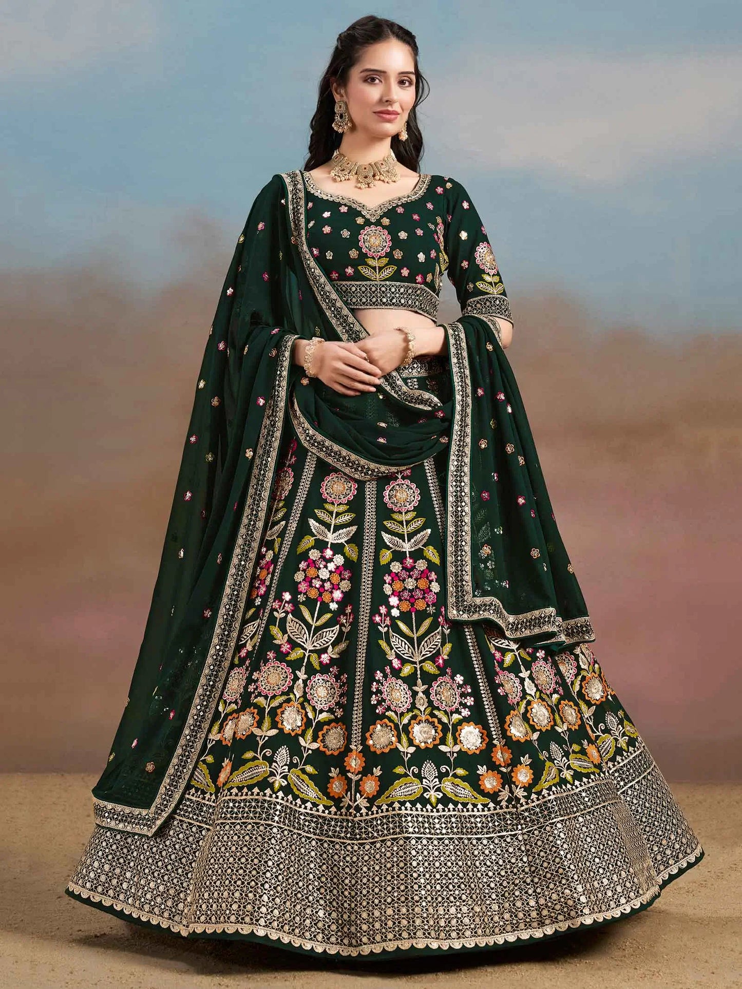 Dark Green Georgette Lehenga With Dori Zari Thread & Sequins Embroidery Work