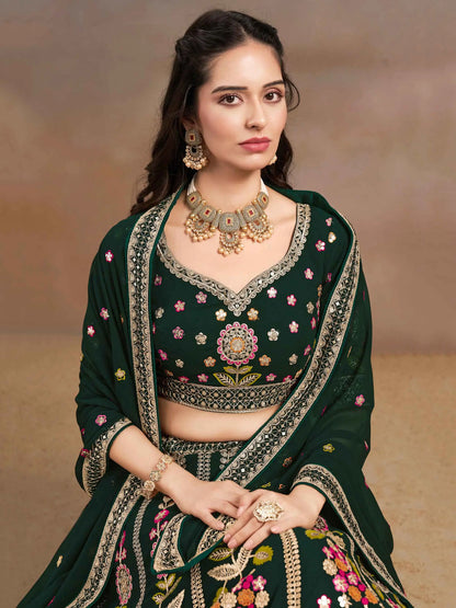 Dark Green Georgette Lehenga With Dori Zari Thread & Sequins Embroidery Work