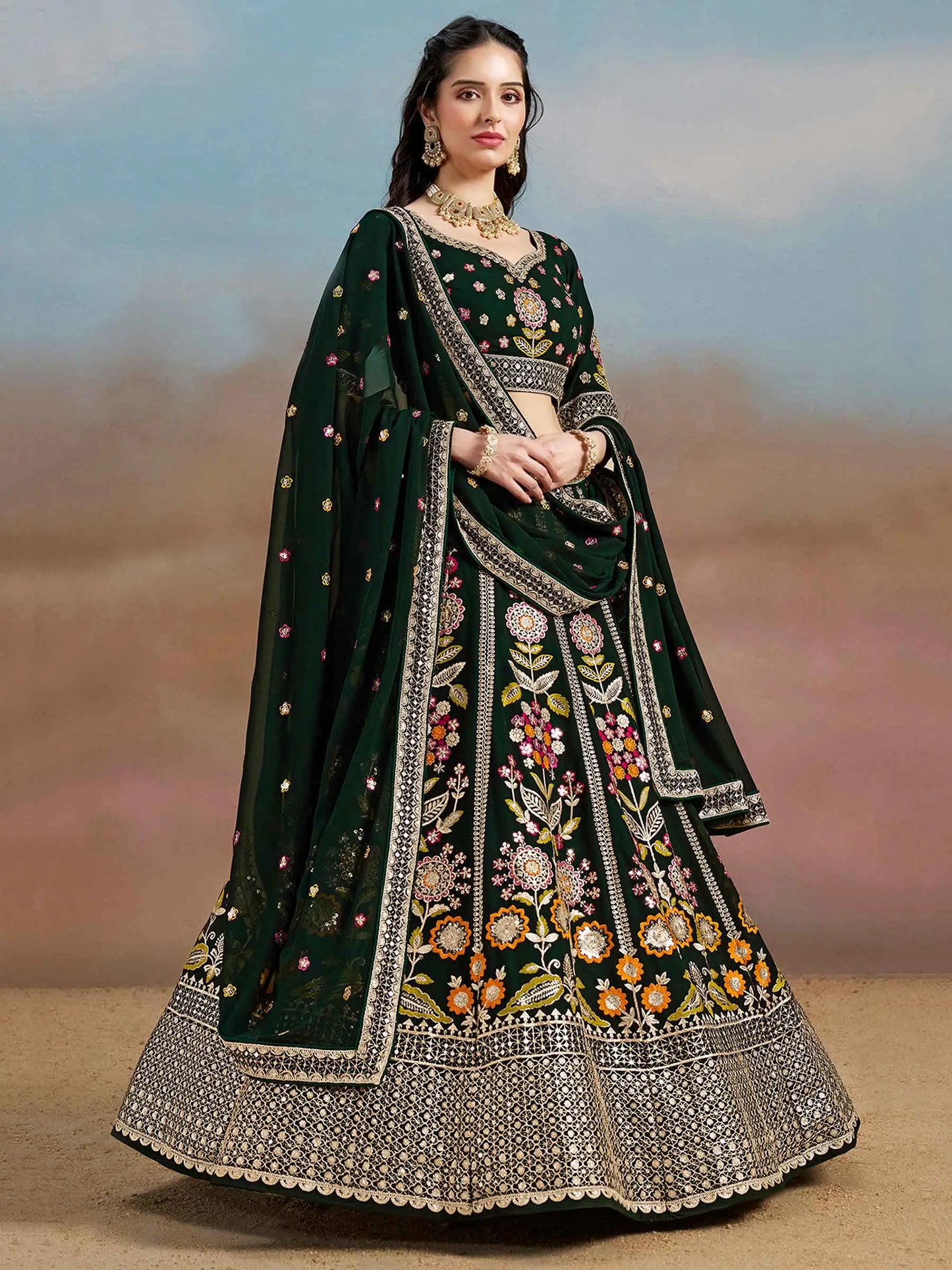 Dark Green Georgette Lehenga With Dori Zari Thread & Sequins Embroidery Work