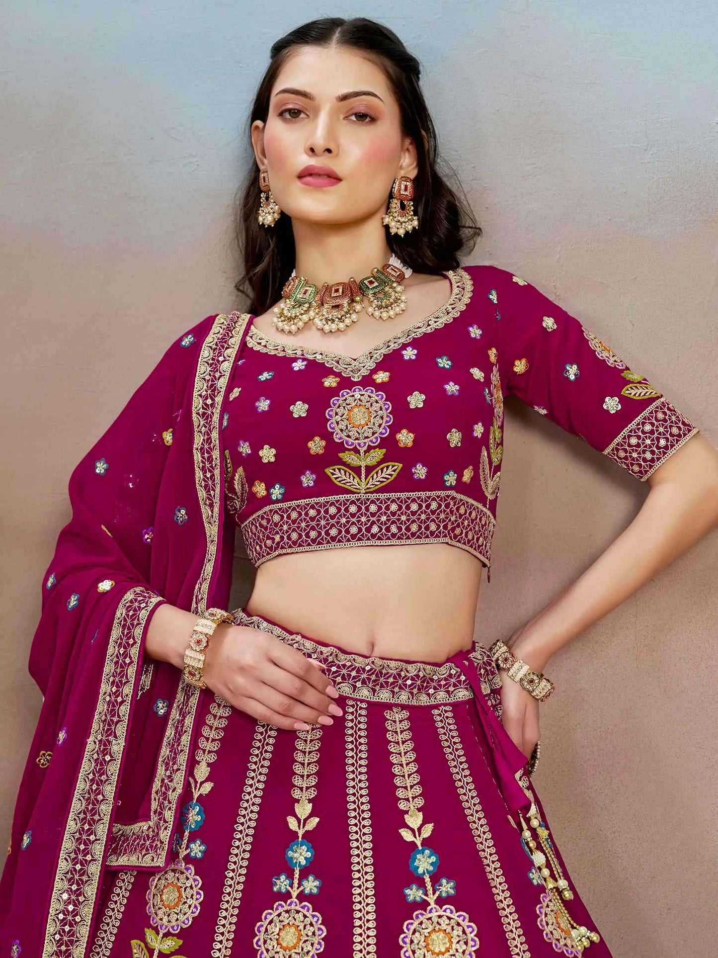 Pink Georgette Lehenga With Dori Zari Thread & Sequins Embroidery Work
