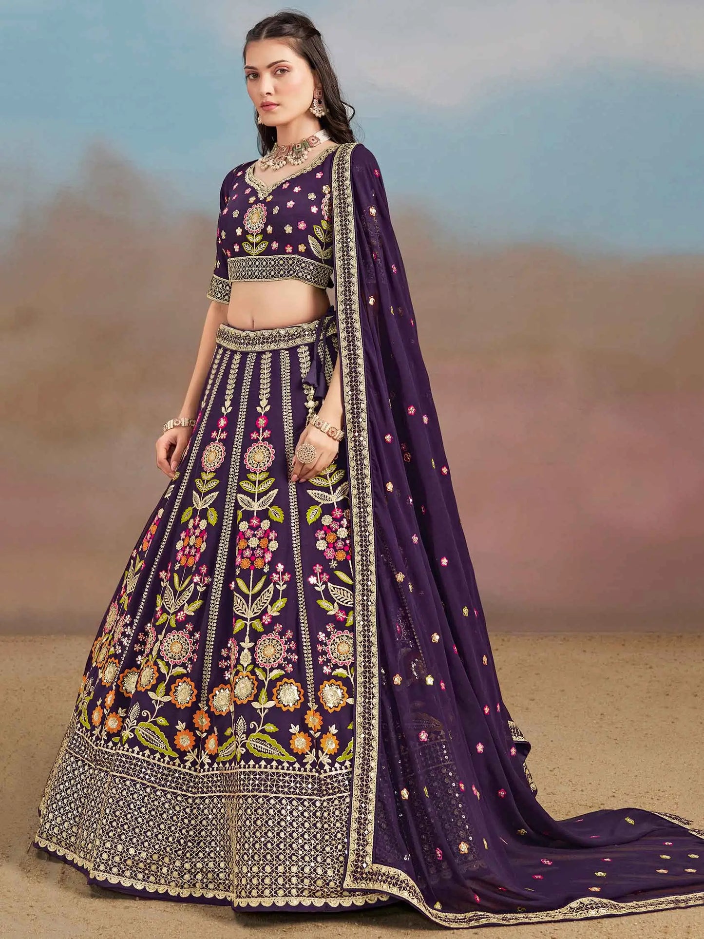 Purple Georgette Lehenga With Dori Zari Thread & Sequins Embroidery Work