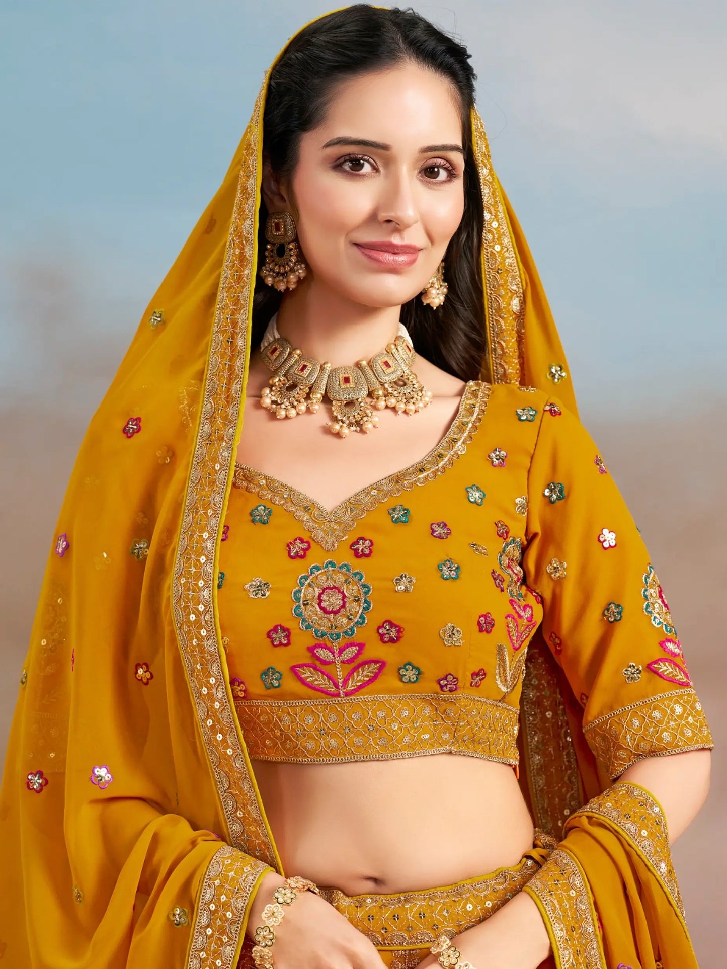 Yellow Georgette Lehenga With Dori Zari Thread & Sequins Embroidery Work