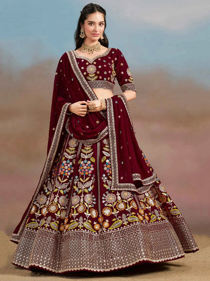 Maroon Georgette Lehenga With Dori Zari Thread & Sequins Embroidery Work