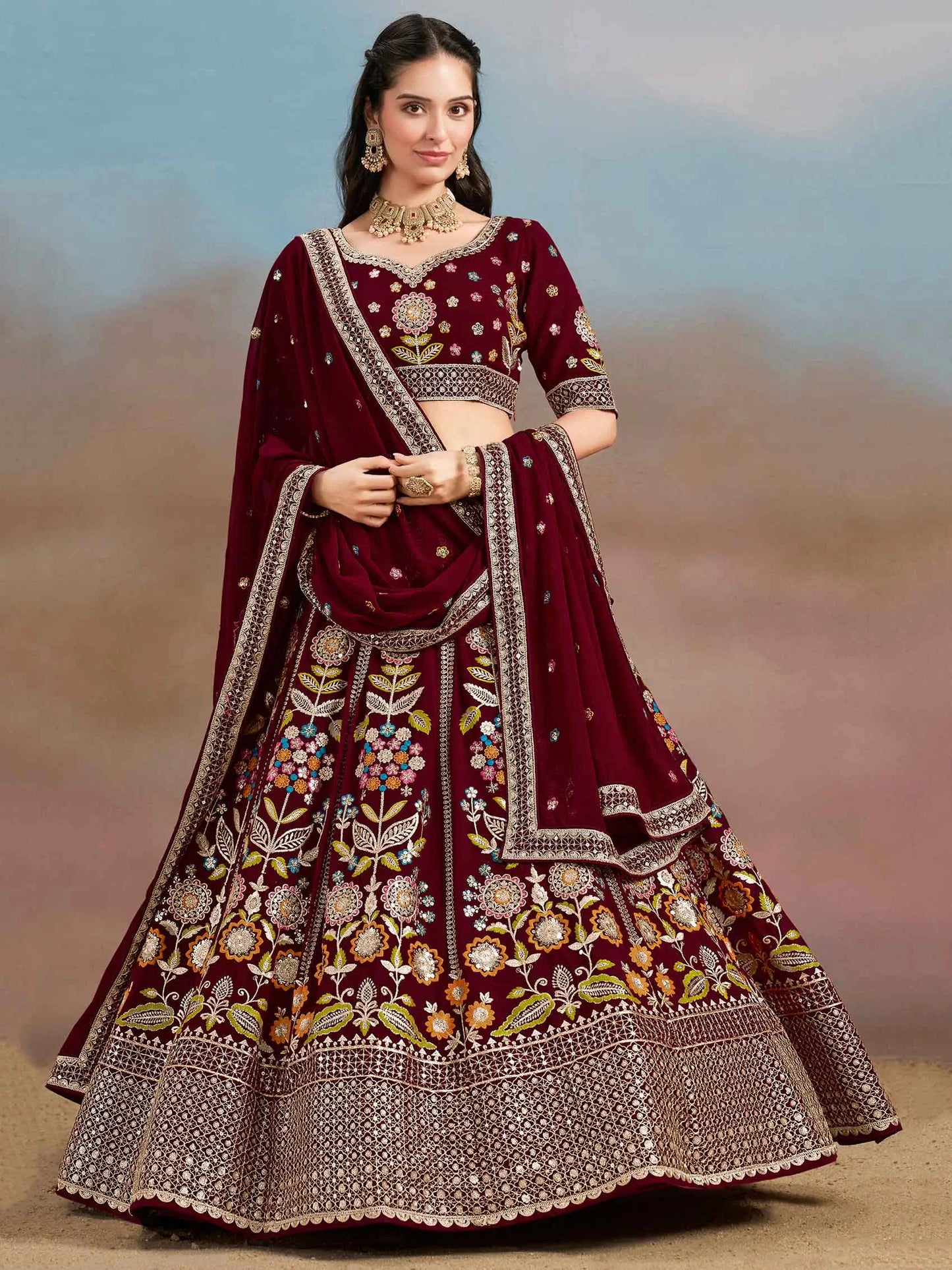 Maroon Georgette Lehenga With Dori Zari Thread & Sequins Embroidery Work