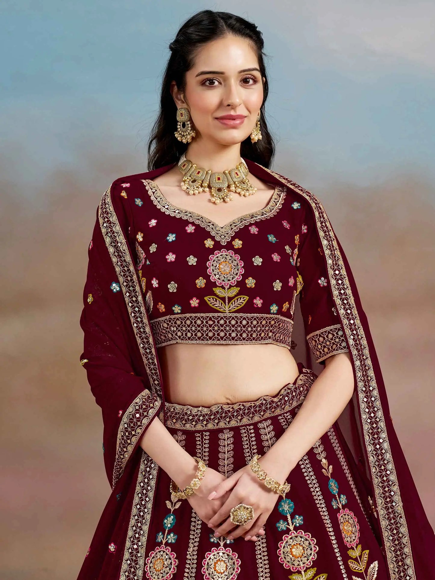 Maroon Georgette Lehenga With Dori Zari Thread & Sequins Embroidery Work