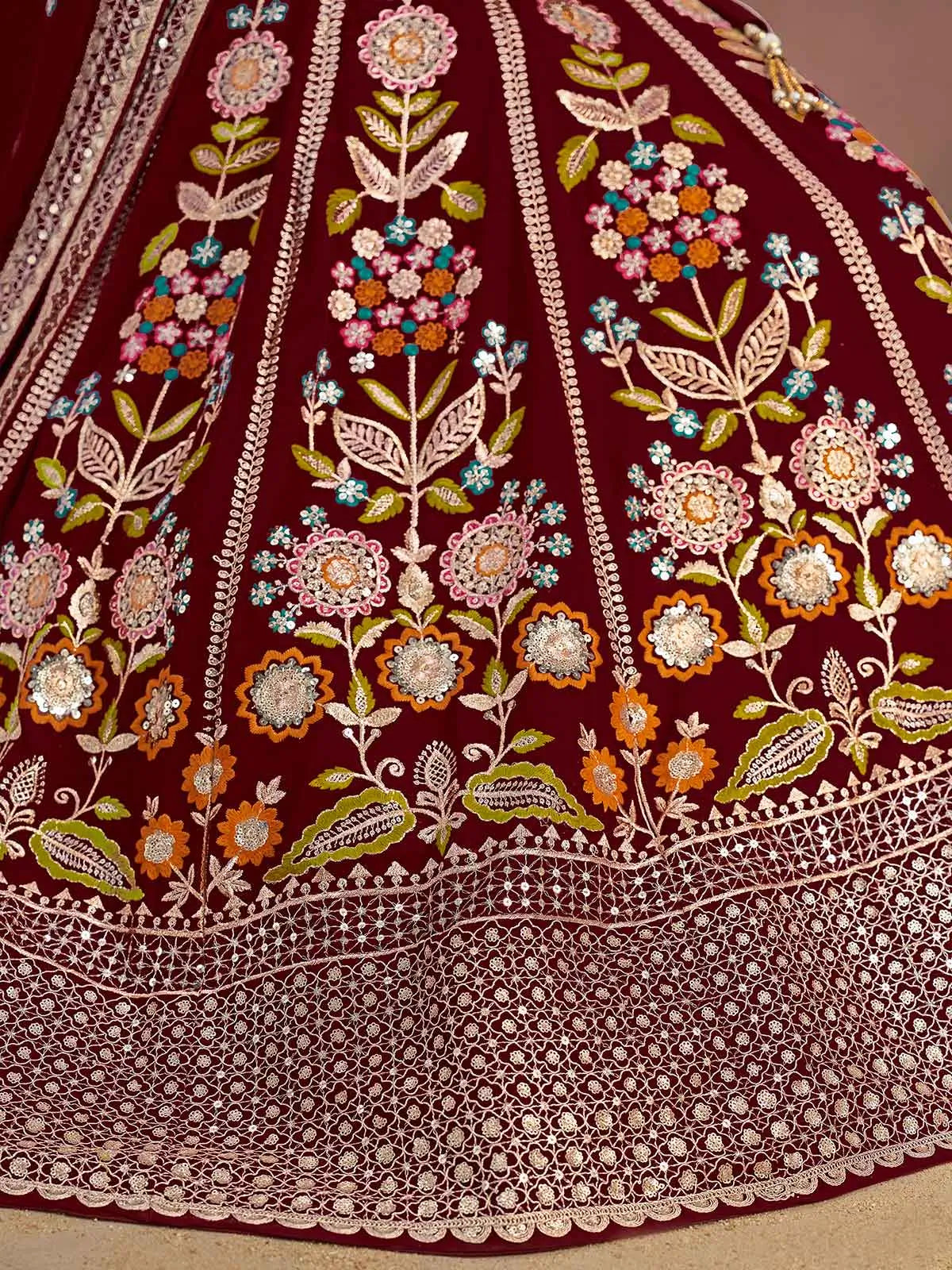 Maroon Georgette Lehenga With Dori Zari Thread & Sequins Embroidery Work