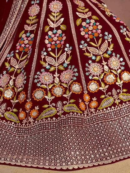 Maroon Georgette Lehenga With Dori Zari Thread & Sequins Embroidery Work