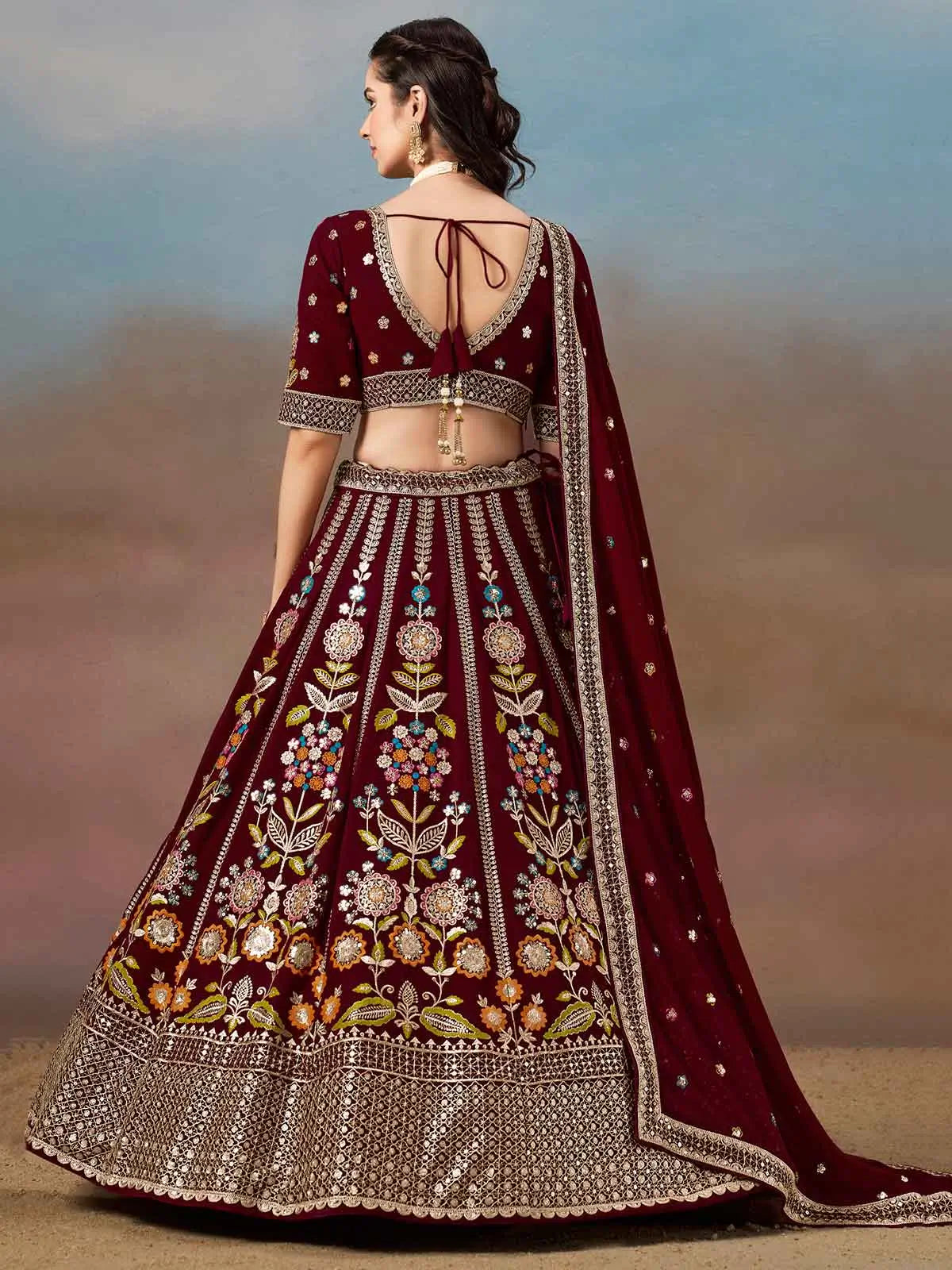 Maroon Georgette Lehenga With Dori Zari Thread & Sequins Embroidery Work
