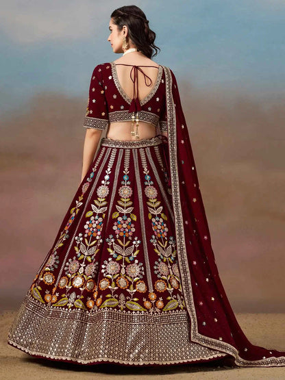 Maroon Georgette Lehenga With Dori Zari Thread & Sequins Embroidery Work