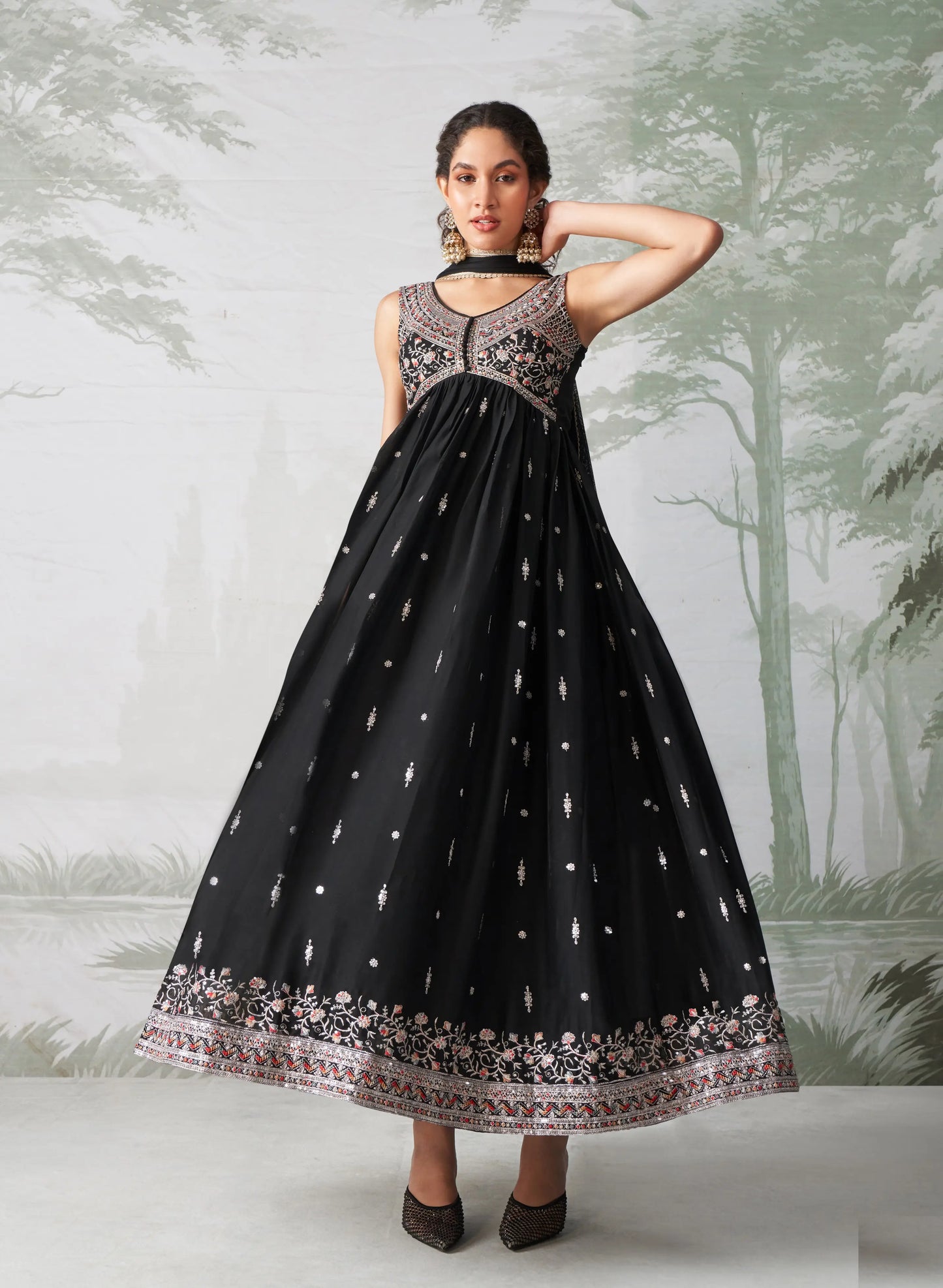 Black Multi Thread Embroidered Georgette Anarkali Gown With Dupatta