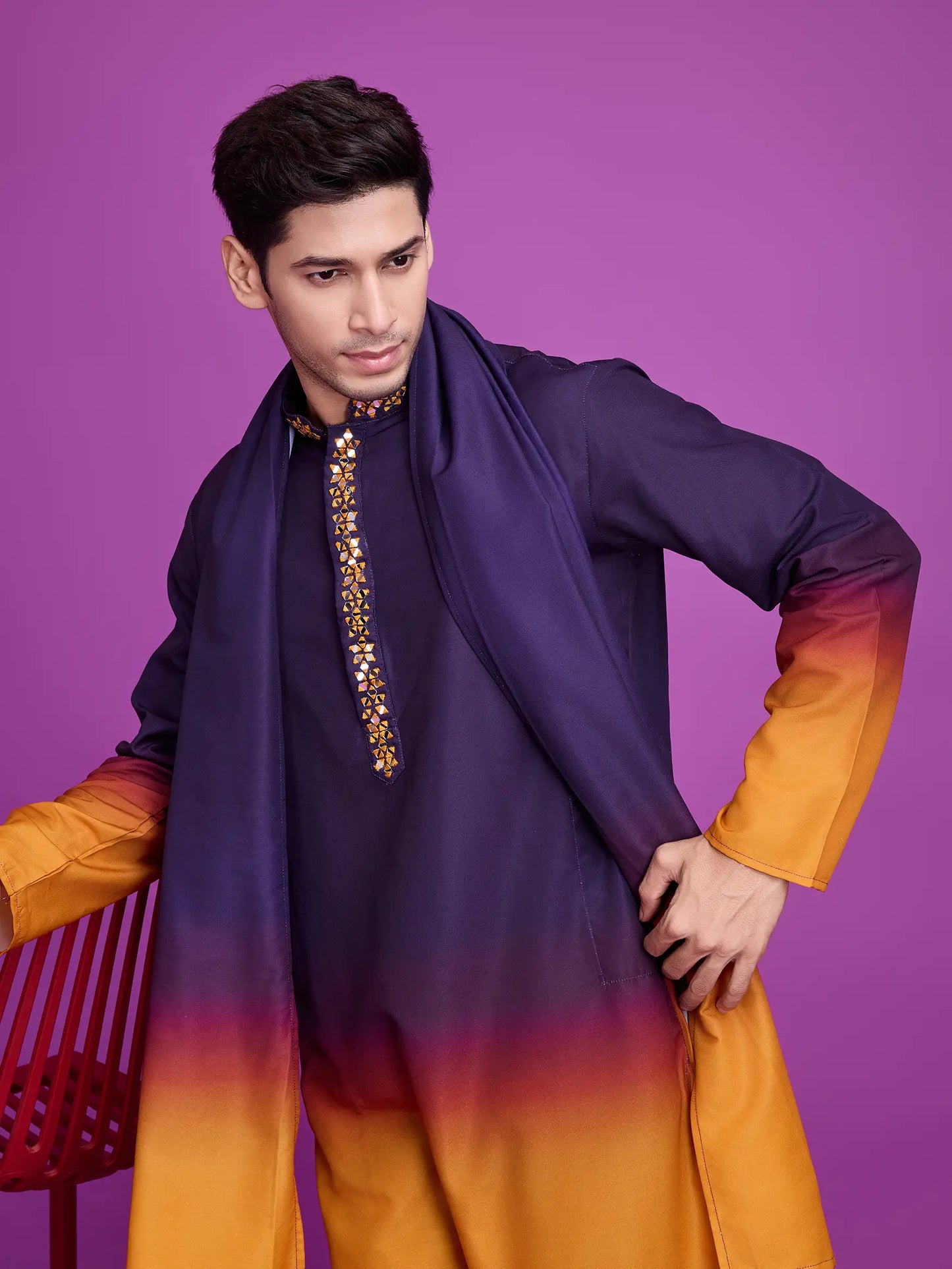 Purple & Mustard Rayon Kurta With Hand Mirror Work