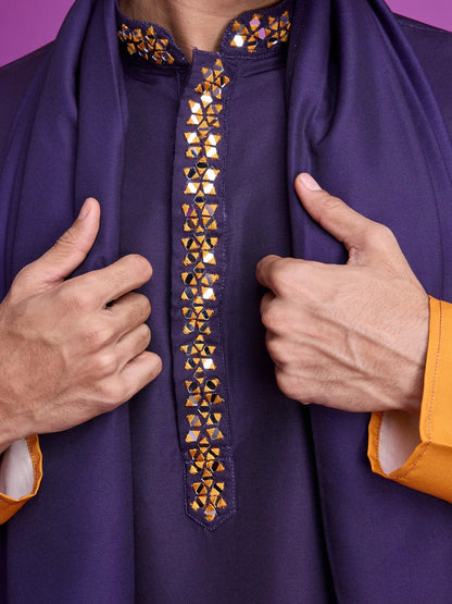 Purple & Mustard Rayon Kurta With Hand Mirror Work