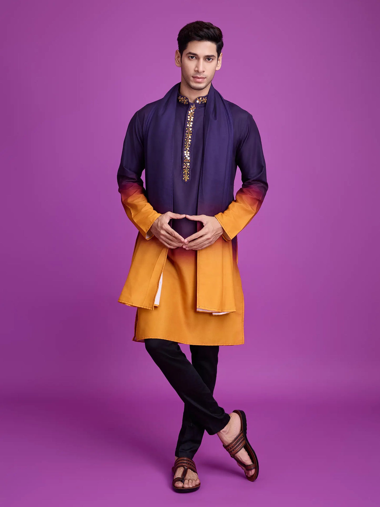Purple & Mustard Rayon Kurta With Hand Mirror Work
