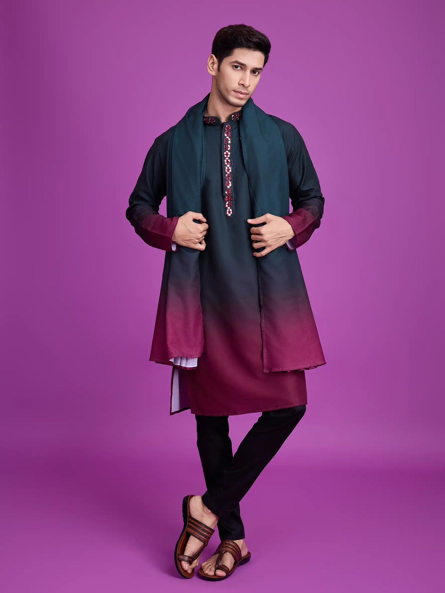 Green & Maroon Rayon Kurta With Hand Mirror Work