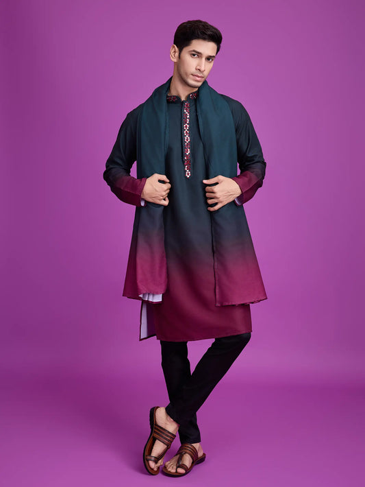 Green & Maroon Rayon Kurta With Hand Mirror Work