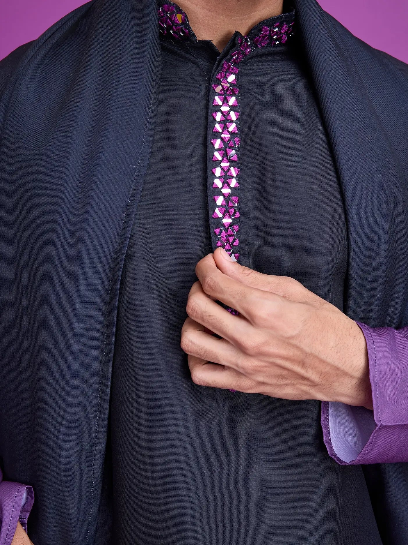 Black & Dusty Purple Rayon Kurta With Hand Mirror Work
