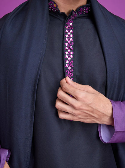 Black & Dusty Purple Rayon Kurta With Hand Mirror Work