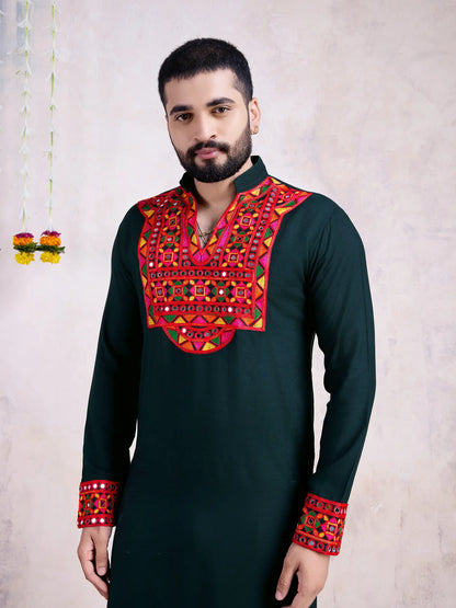 Green Rayon Kurta Embroidery With Mirror Work