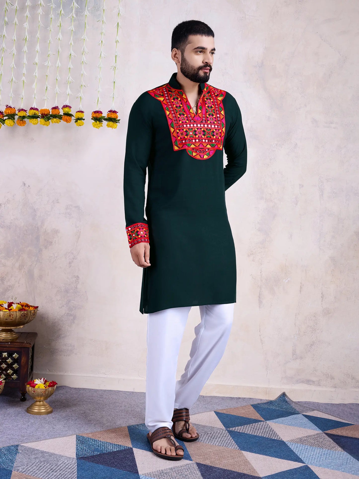 Green Rayon Kurta Embroidery With Mirror Work