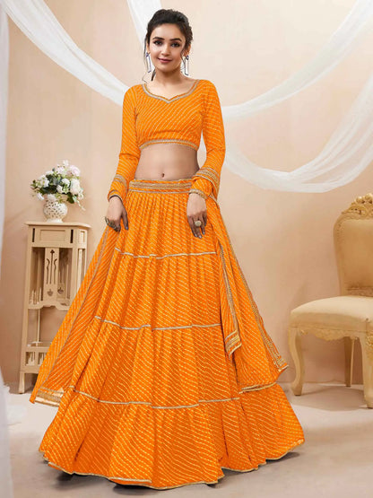 Yellow Georgette Leheriya Print Lehenga With Lace All Over Work