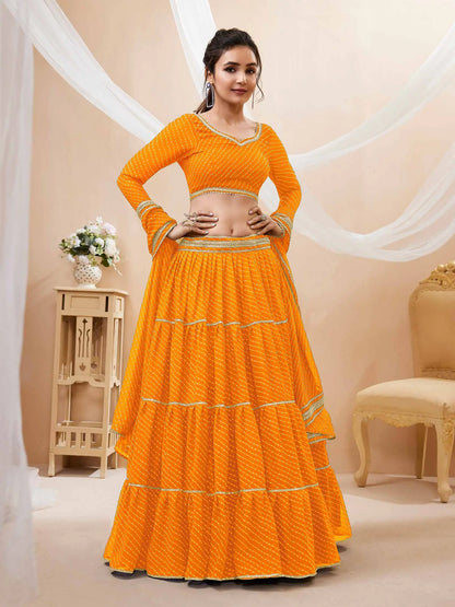 Yellow Georgette Leheriya Print Lehenga With Lace All Over Work