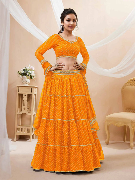 Yellow Georgette Leheriya Print Lehenga With Lace All Over Work