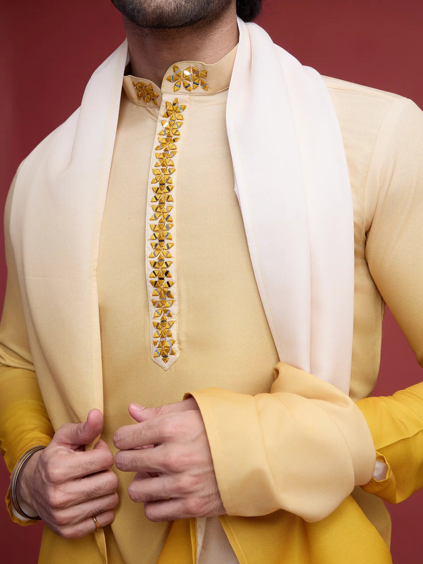 Yellow Real Mirror Work Kurta With Dupatta
