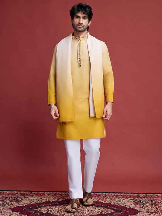 Yellow Real Mirror Work Kurta With Dupatta