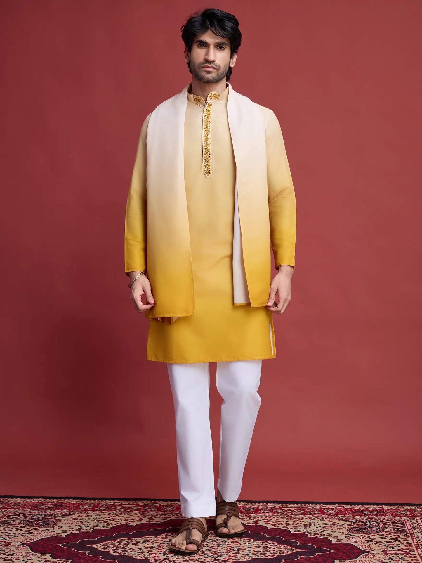 Yellow Real Mirror Work Kurta With Dupatta