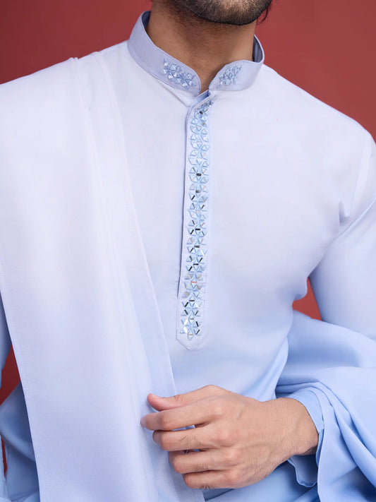 Sky Real Mirror Work Kurta With Dupatta