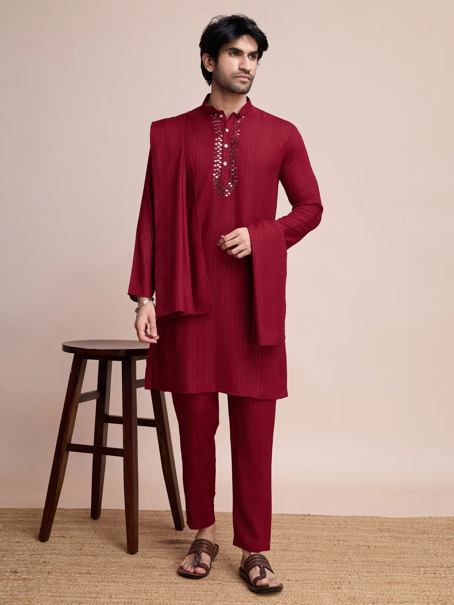 Maroon Viscose Mirror Work On Jari With Pant & Dupatta
