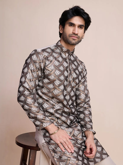 Beige Silk Kurta With Thread & Sequins Embroidered Work