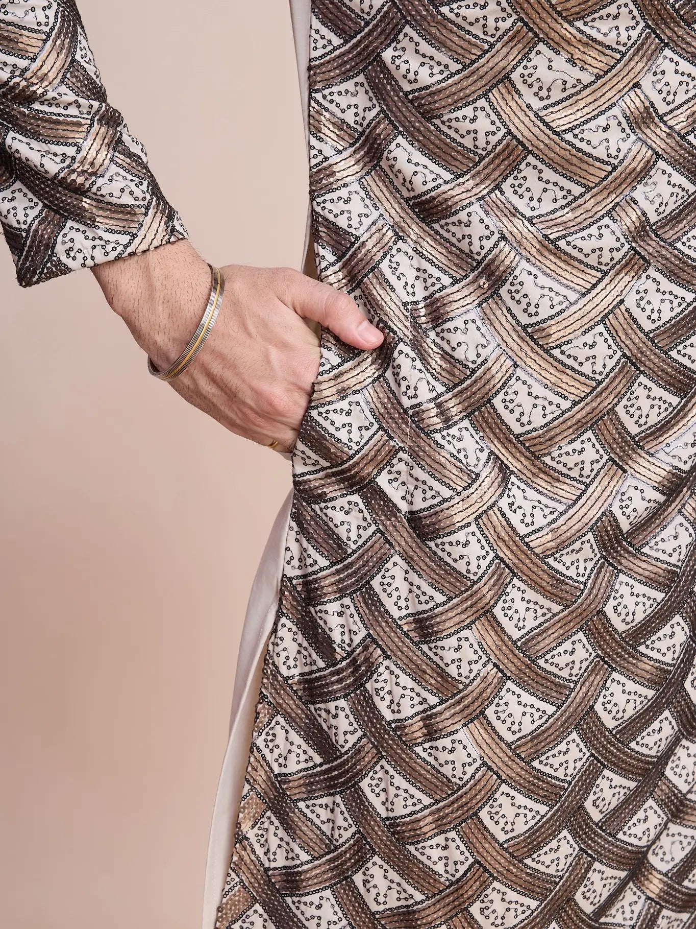 Beige Silk Kurta With Thread & Sequins Embroidered Work