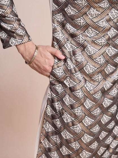 Beige Silk Kurta With Thread & Sequins Embroidered Work